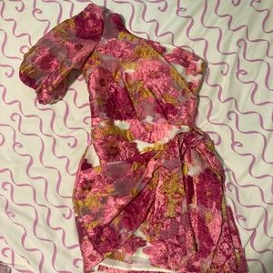 Showpo Brailey Mini Dress- One Shoulder Puff Sleeve Dress in Pink Jacquard